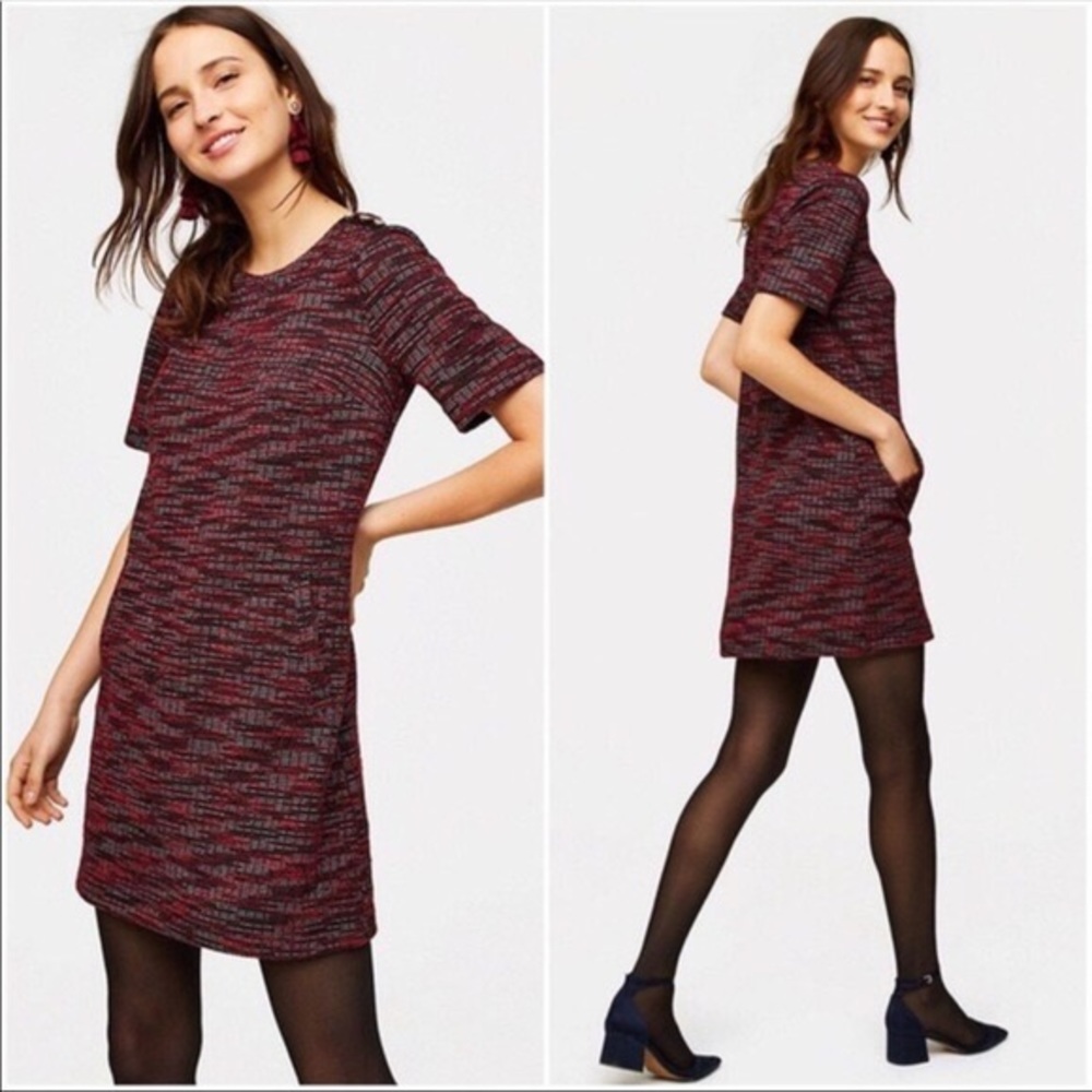Loft red pocketed tweed shift dress